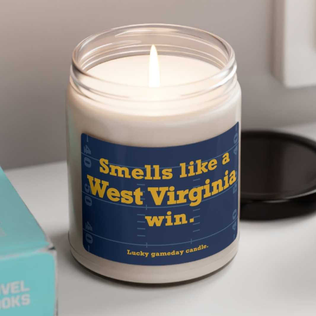 West Virginia Football - "Smells like a West Virginia win" scented candle (9 oz)